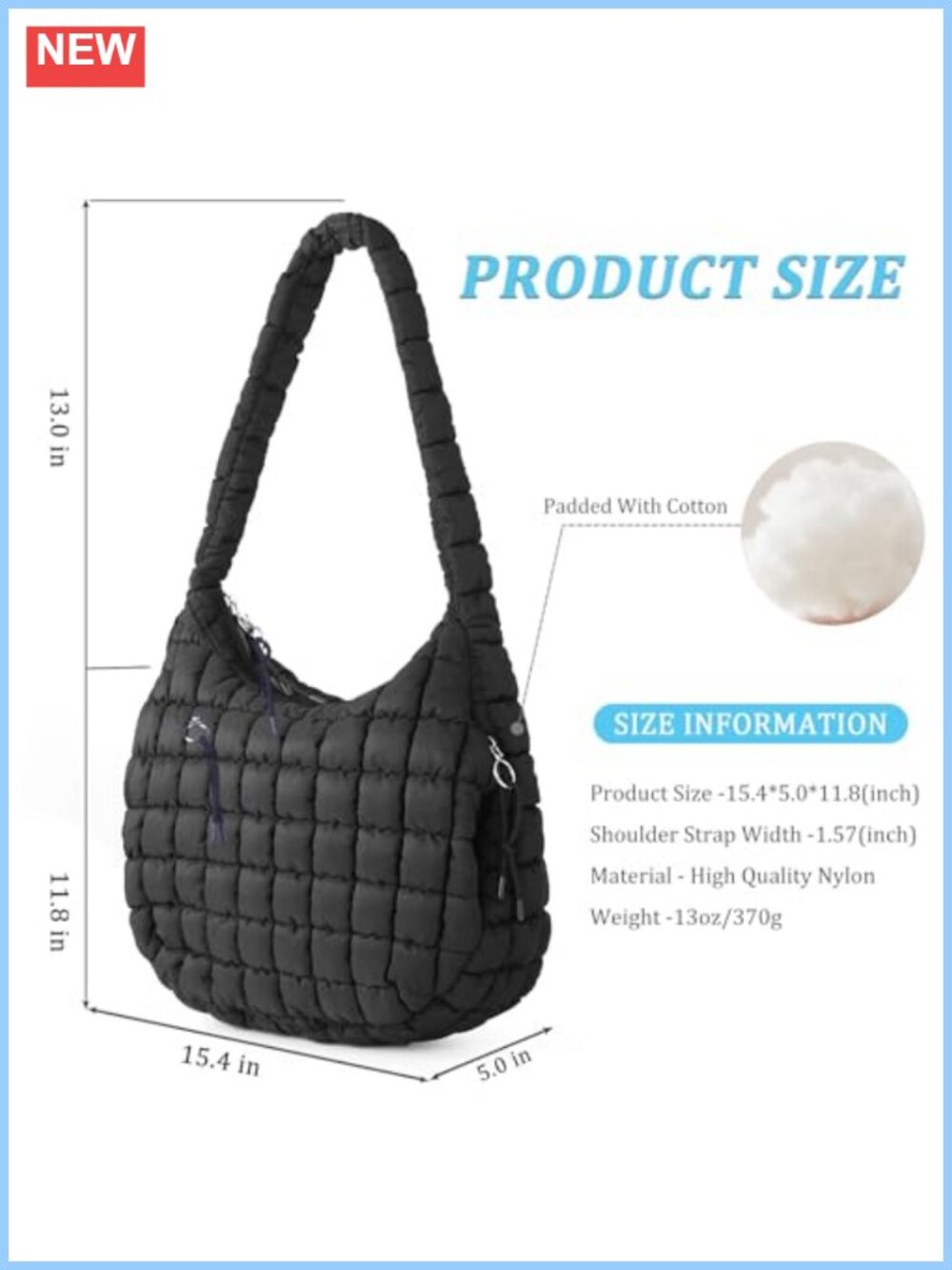 Large Quilted Puffer Tote Bag Nylon Lightweight Crossbody Carryall Women - Picture 2 of 6